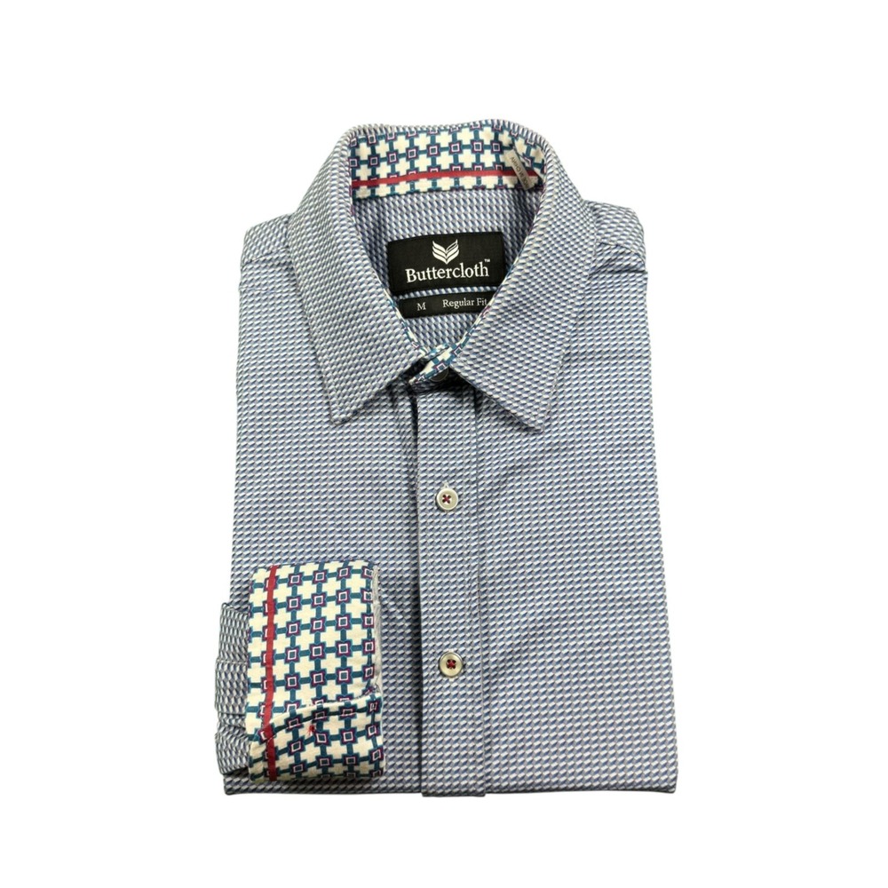 Buttercloth Blue Silver Geometric AOP Performance Button Front Shirt Mens Medium